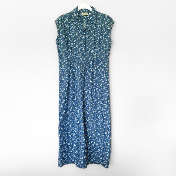 VTG Denim Collared Maxi Shirt Dress Floral Women 12 Cottagecore Farm High Waist - Picture 1 of 9